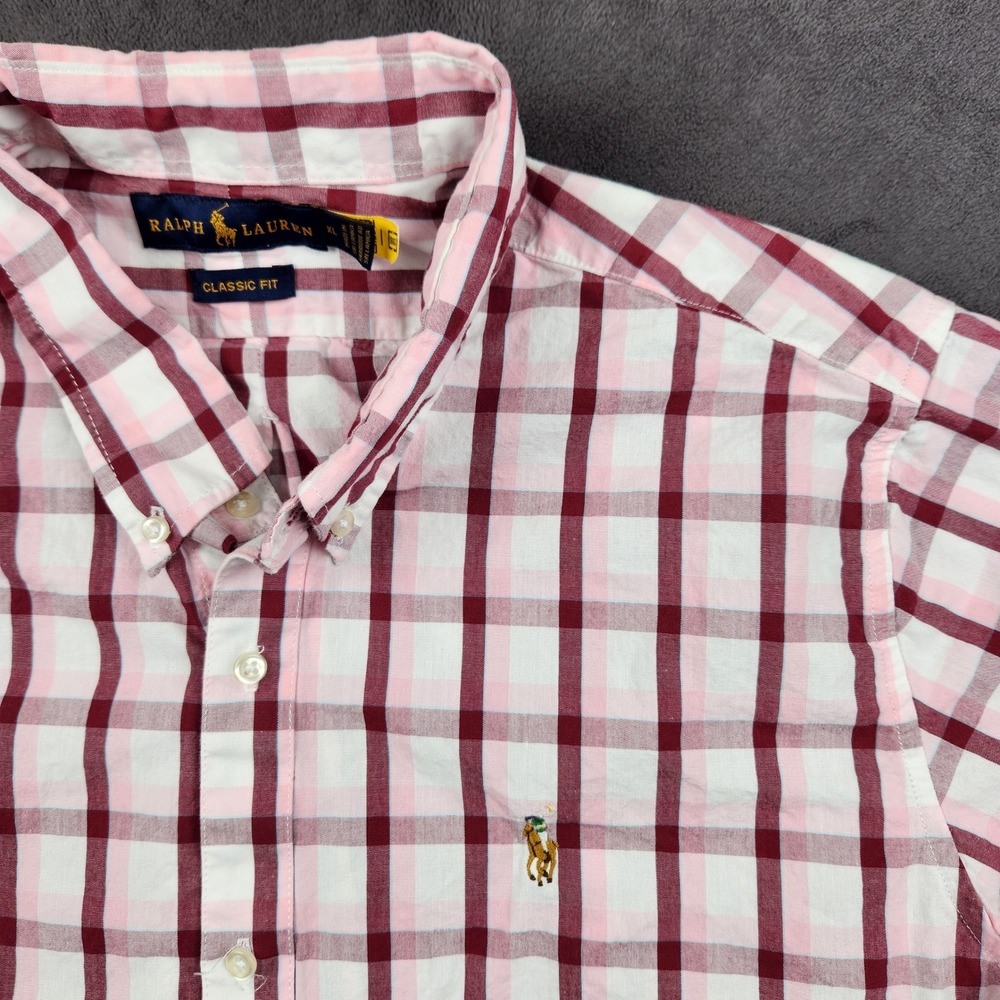 Ralph Lauren Shirt Mens XL Pink Maroon Plaid‎ Classic Fit Button Up Long Sleeve